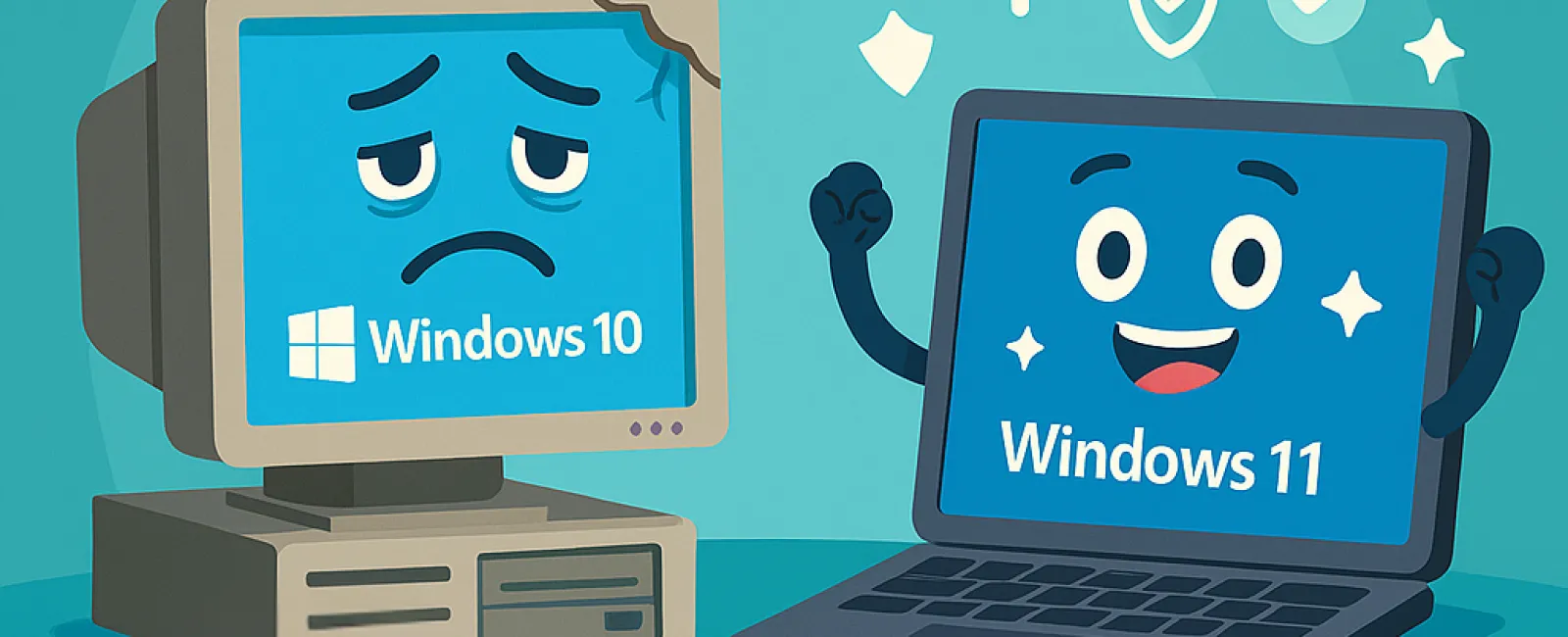 Cartoon showing sad old Windows 10 desktop and happy new Windows 11 laptop illustrating software upgrade.