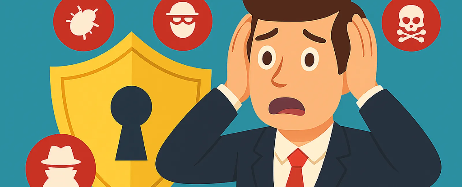Anxious man in suit with hands on head surrounded by security icons and a shield labeled myths against a blue background