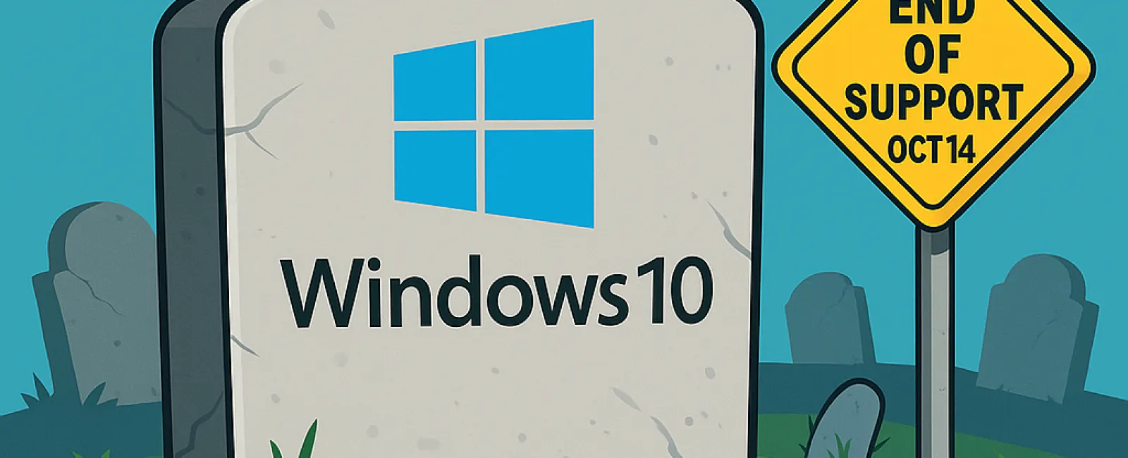Gravestone with Windows 10 logo and R.I.P. text next to a sign stating End of Support Oct 14 in a graveyard.