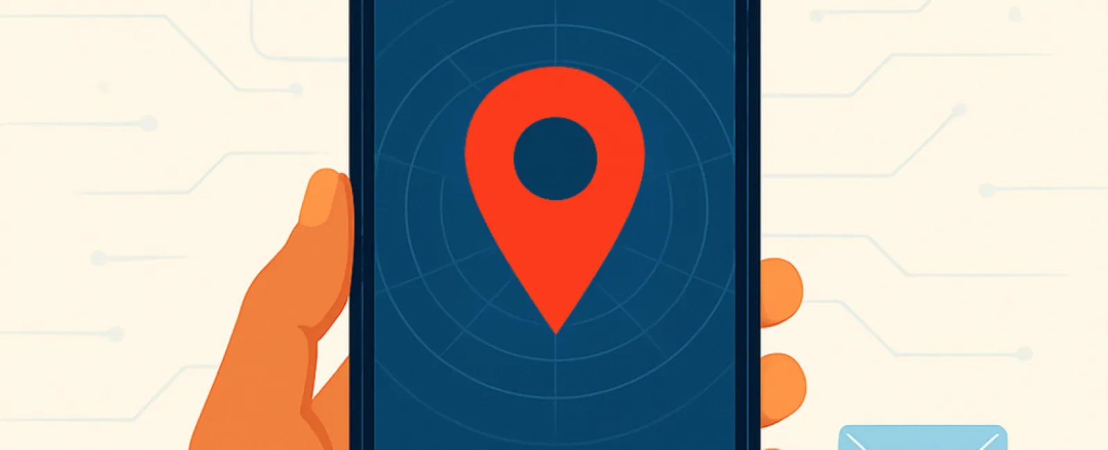 Hand holding smartphone displaying red location pin with communication icons in background