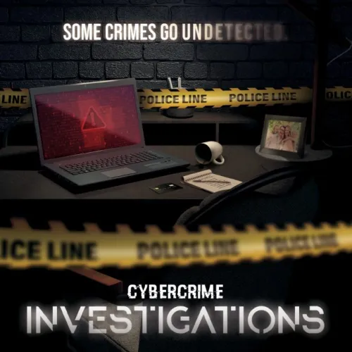 Dark room with a laptop showing a warning, police tape, and text about cybercrime investigations.