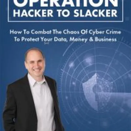 Businessman Rene Miller standing next to cybersecurity themed text and digital shield graphic on blue background