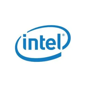 Intel logo featuring blue lowercase letters with a swoosh design on a white background