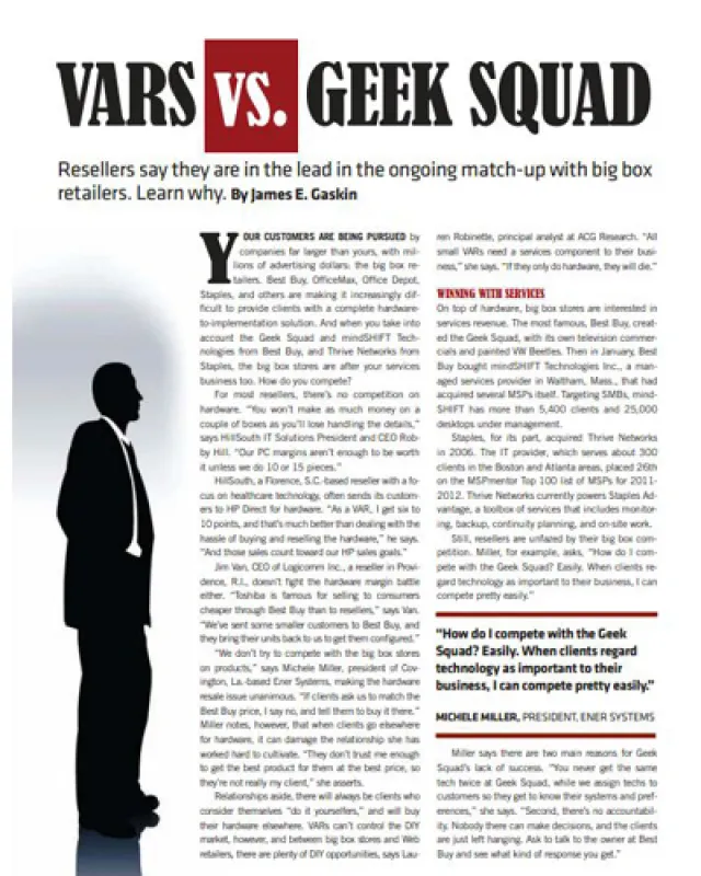 VARs versus Geek Squad comparison illustration with article excerpt about reseller competition.
