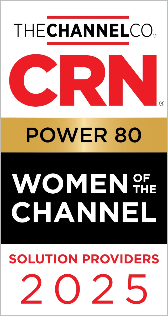 CRN Power 80 Women of the Channel Solution Providers 2025 award badge with bold red, black, and gold design.