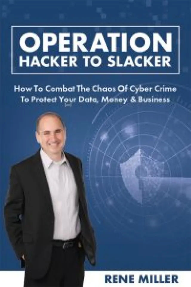 Businessman Rene Miller standing next to cybersecurity themed text and digital shield graphic on blue background