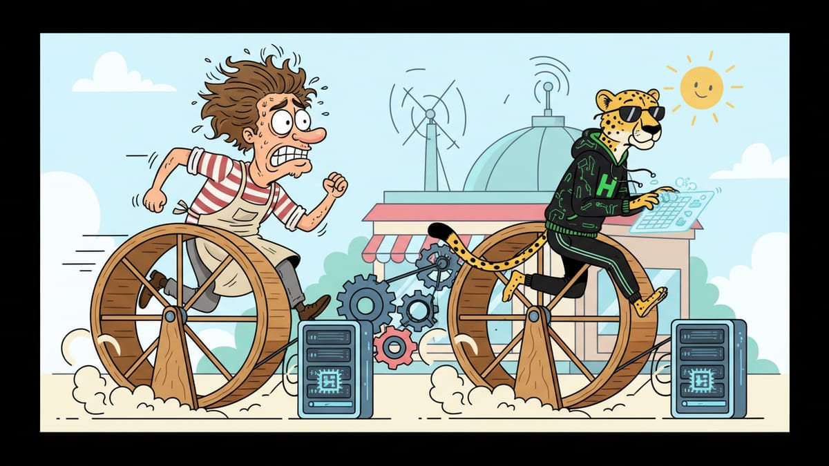Cartoon: A shop owner sprints on a giant hamster wheel powering their server while a cheetah in a hacker jersey lazily jogs.