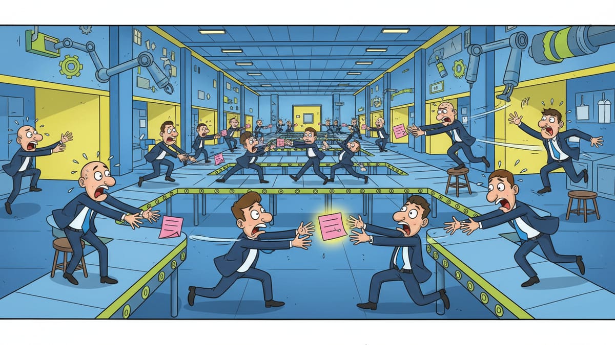 Cartoon: Workers in suits frantically passing a single sticky note hand-to-hand down a massive warehouse assembly line.