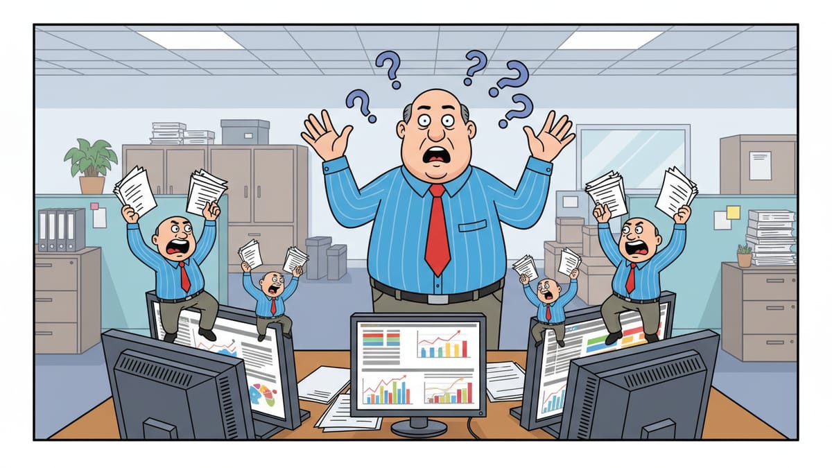 Cartoon: Tiny office manager clones sit atop monitors waving papers while the real manager stands confused in the background.