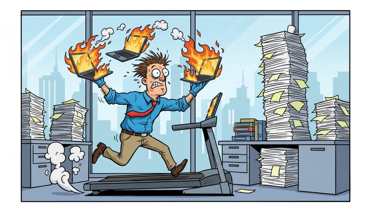 Cartoon: A frazzled worker sprints on a treadmill-desk juggling flaming laptops while paperwork towers teeter behind them.