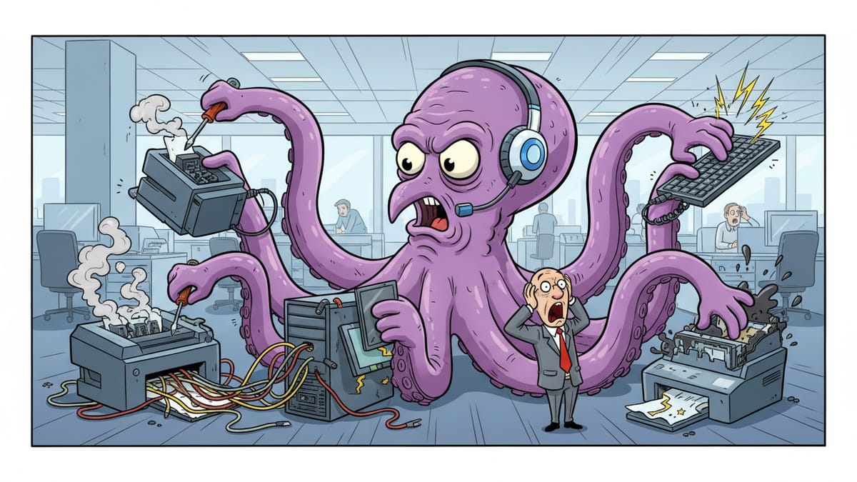 Cartoon: A giant octopus in a headset juggles fixing six different office devices at once while a tiny businessman gapes.