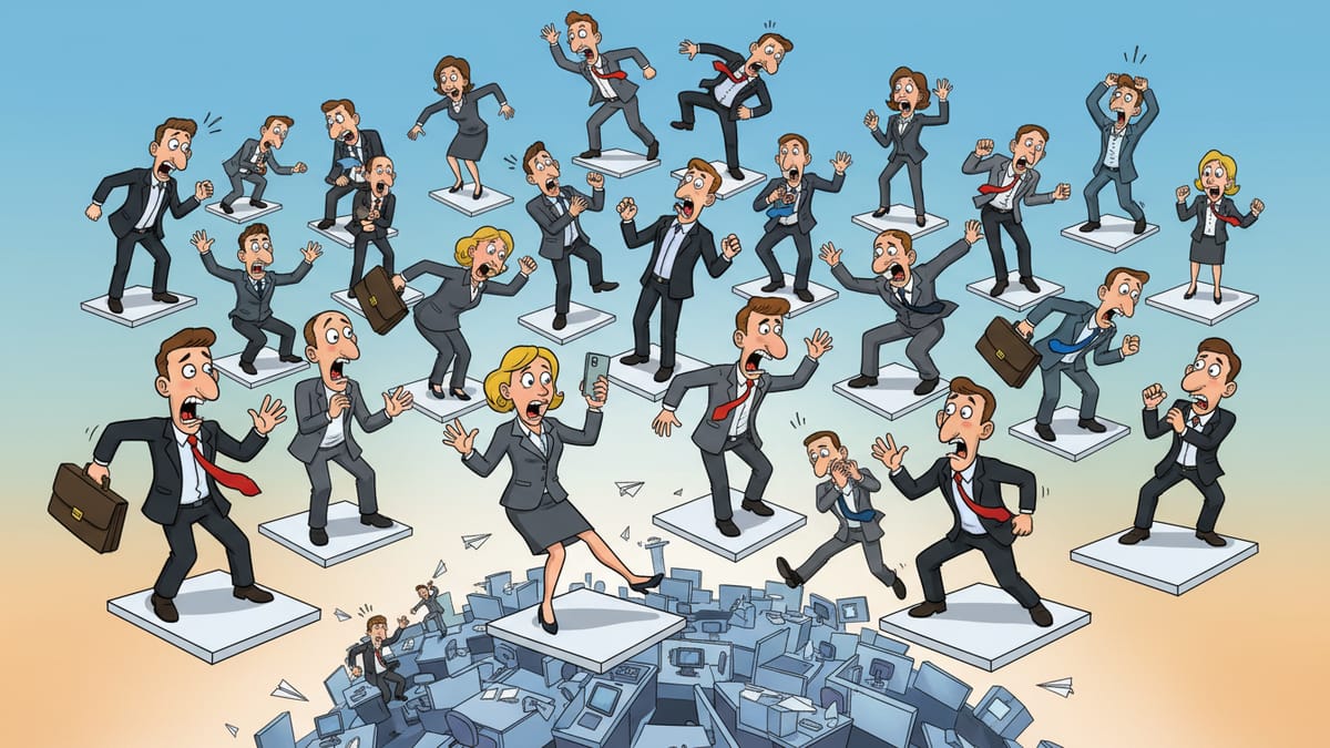 Cartoon: Dozens of businesspeople each stand on their own tiny floating ceiling tiles scattered at different heights in mid-air.