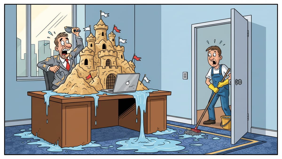 Cartoon: A frantic lawyer builds a sandcastle around his laptop on a dripping desk while a janitor with a mop stares from the doorway.