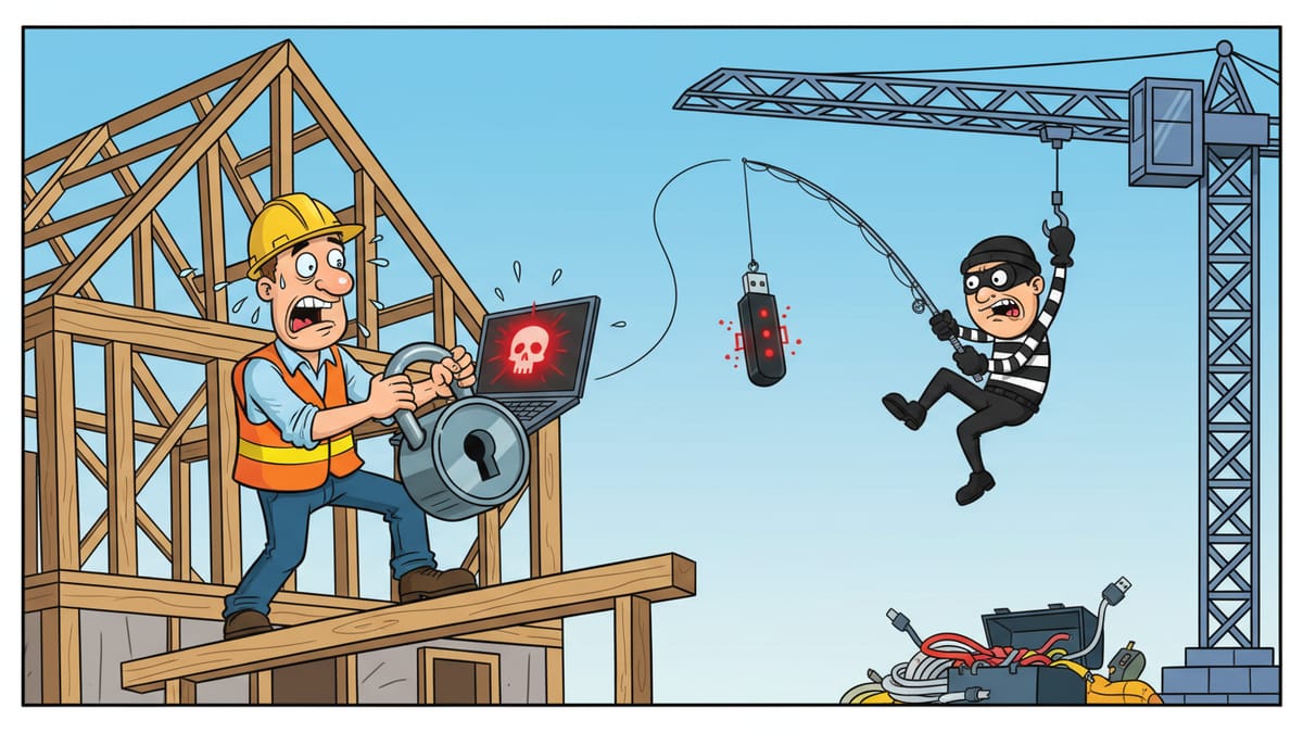 Cartoon: A construction worker on a wooden frame padlocks his laptop while a masked burglar dangles from a crane, fishing for a USB drive.