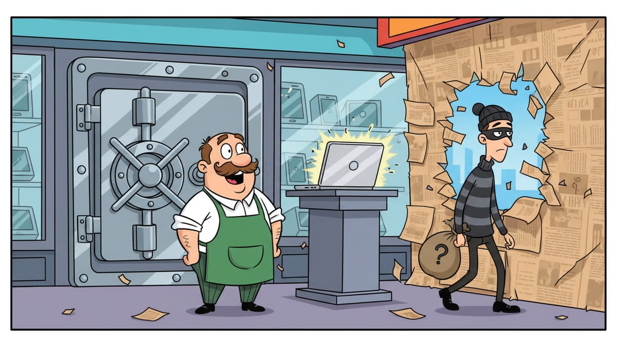 Cartoon: A shopkeeper proudly guards a laptop behind a huge vault door while a burglar strolls in through a wall made of paper.
