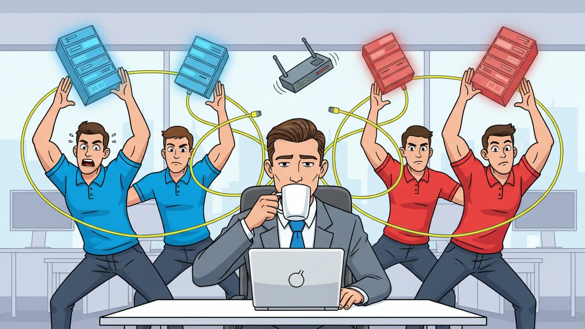 Cartoon: A calm businessman sips coffee at his laptop while blue-shirted and red-shirted IT crews swap servers over his head.