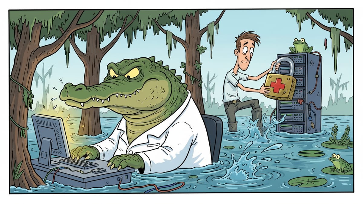 Cartoon: An alligator in a doctor's coat types at a computer in a flooded swamp while a man padlocks a server with a medical cross.