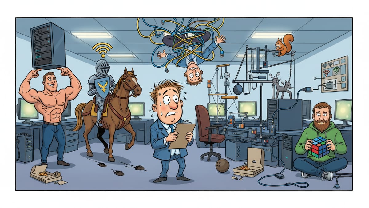 Cartoon: A worried man with a clipboard sizes up IT candidates: a bodybuilder, a knight on horseback and a puzzle solver.