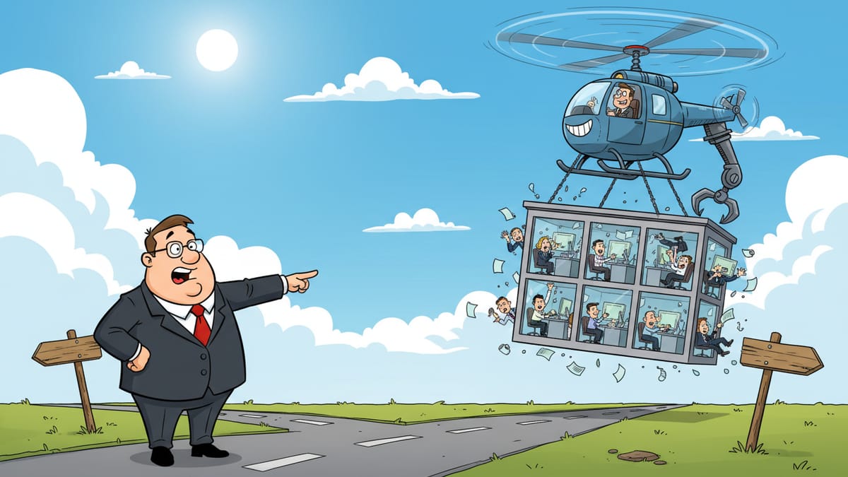 Cartoon: A businessman points the way as a helicopter flies off carrying an entire glass office full of workers.