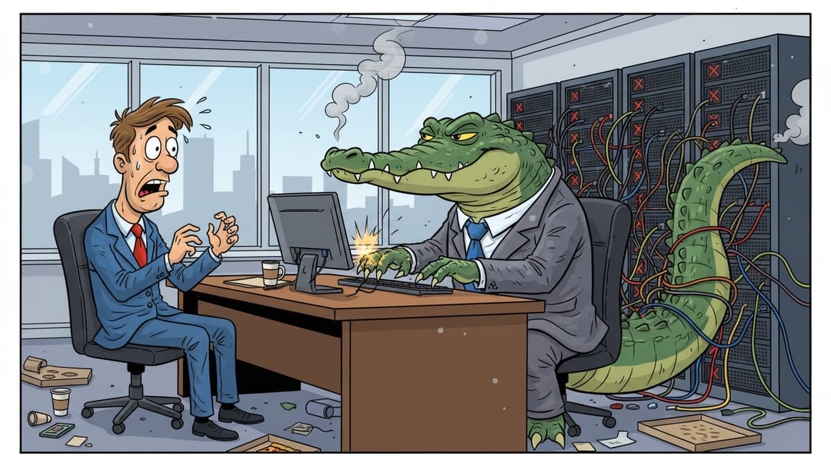 Cartoon: An alligator in a suit types at a sparking computer by tangled servers while a frightened business owner looks on.