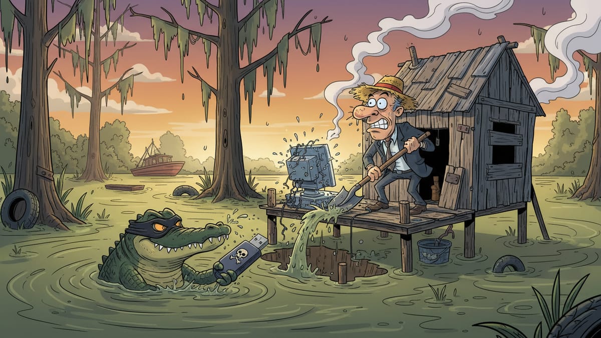 Cartoon: A masked alligator holds a skull USB drive in a swamp while a man shovels water from a computer on a shack's porch.