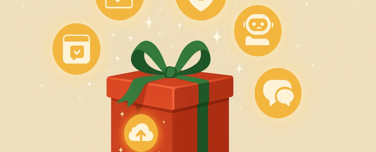 A red gift box tied with a green ribbon surrounded by glowing icons for cloud upload, chat, calendar, security and an AI assistant.