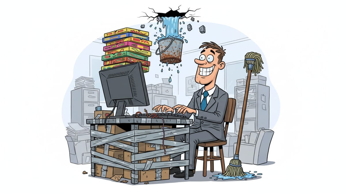 Cartoon: A grinning man types on a desk of taped crates while a ceiling leak drips into a bucket over a teetering pile of boxes.