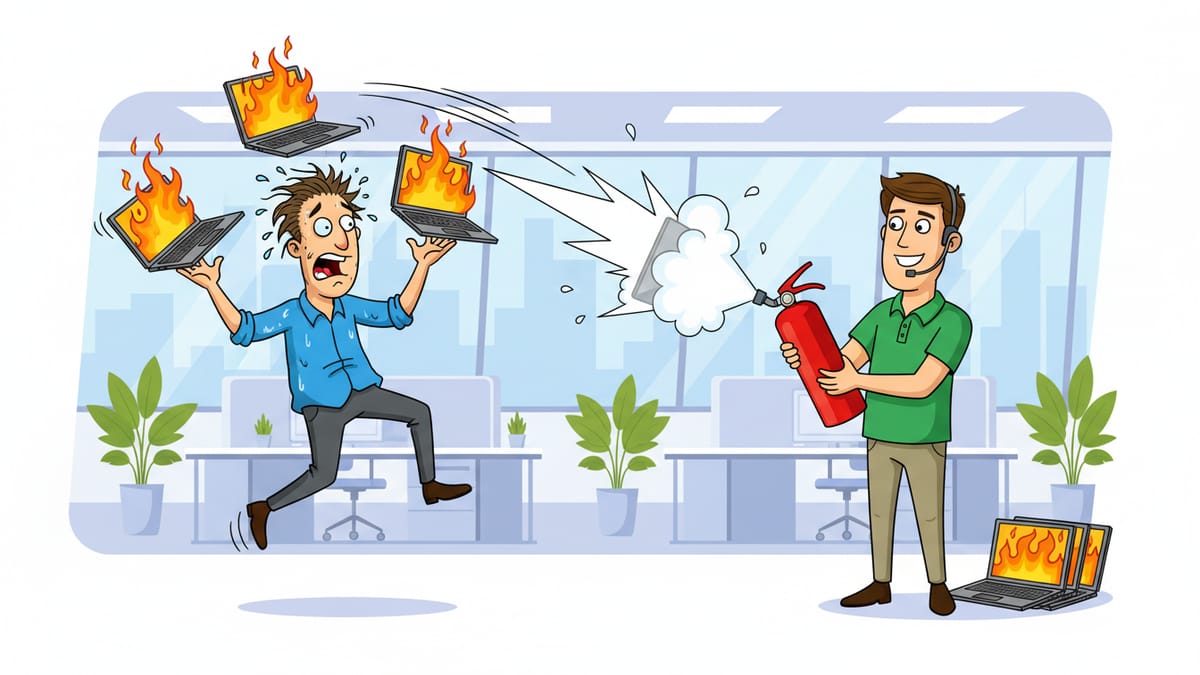 Cartoon: A frazzled worker juggles flaming laptops while a calm IT tech catches and extinguishes them with a fire extinguisher.