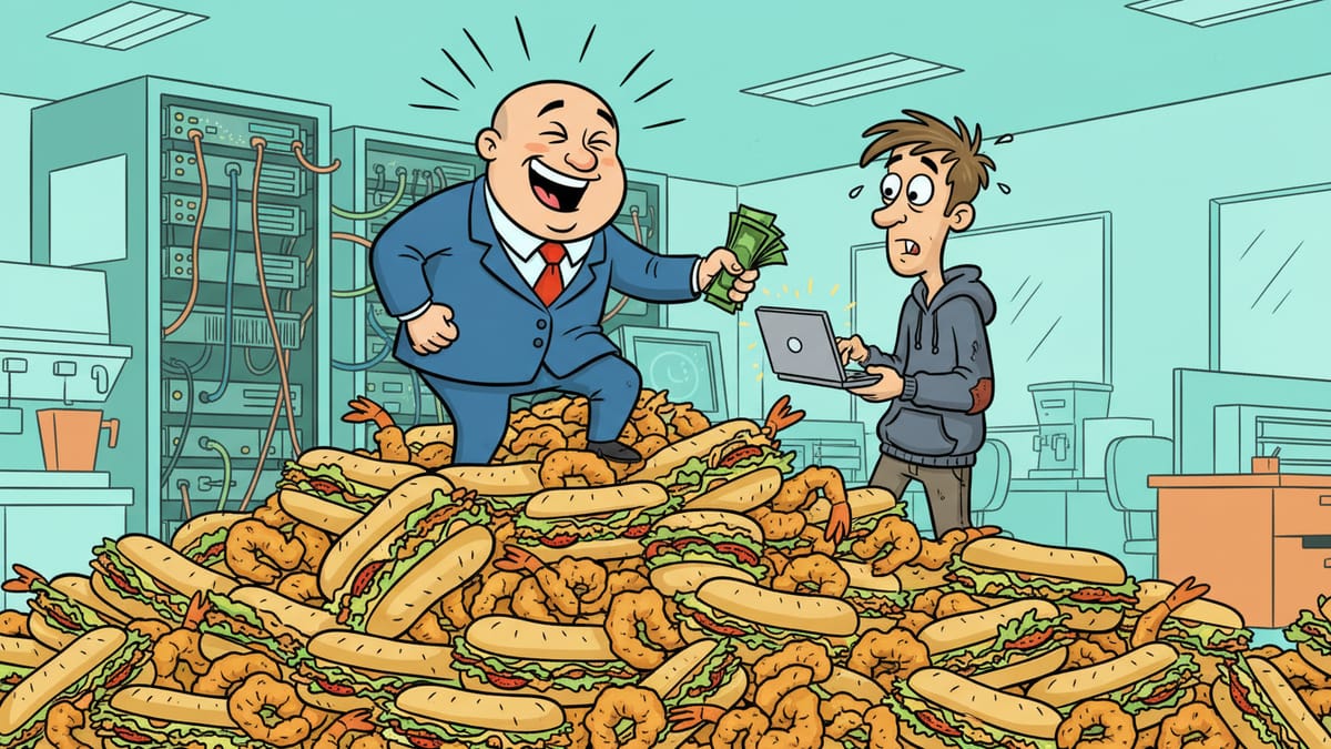 Cartoon: A laughing businessman stands on a huge pile of shrimp po'boys, paying cash to a nervous IT technician holding a laptop.