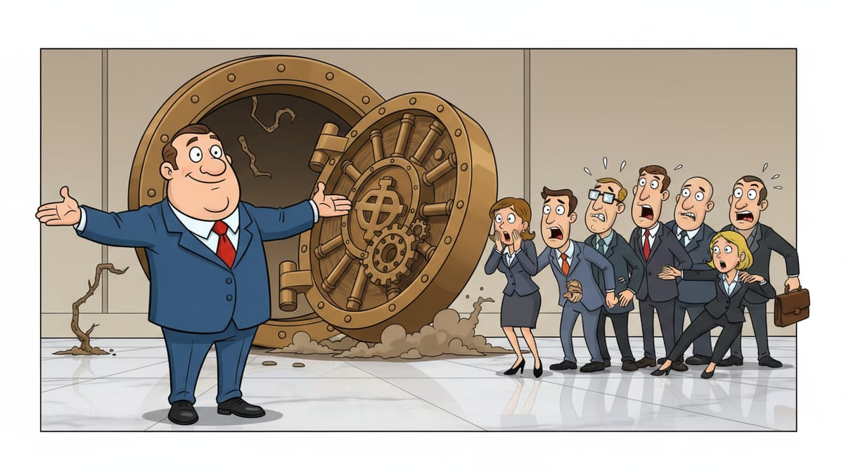 Cartoon: A smiling businessman presents a crumbling bank vault door that has fallen off its hinges to a crowd of alarmed office workers.