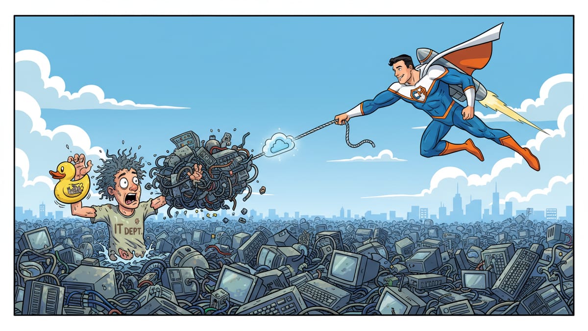 Cartoon: A superhero flies in to pull a frazzled IT worker and his rubber duck out of a sea of old computers.